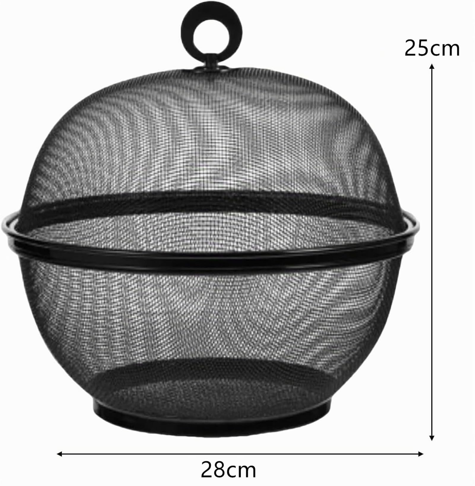 Czarny metalowy kosz na owoce z pokrywką, 28 x 25 cm, dekoracyjny do organizacji kuchni, ekspozycja świeżych owoców, stylowa dekoracja domu, nowoczesny design, wielofunkcyjne zastosowanie.