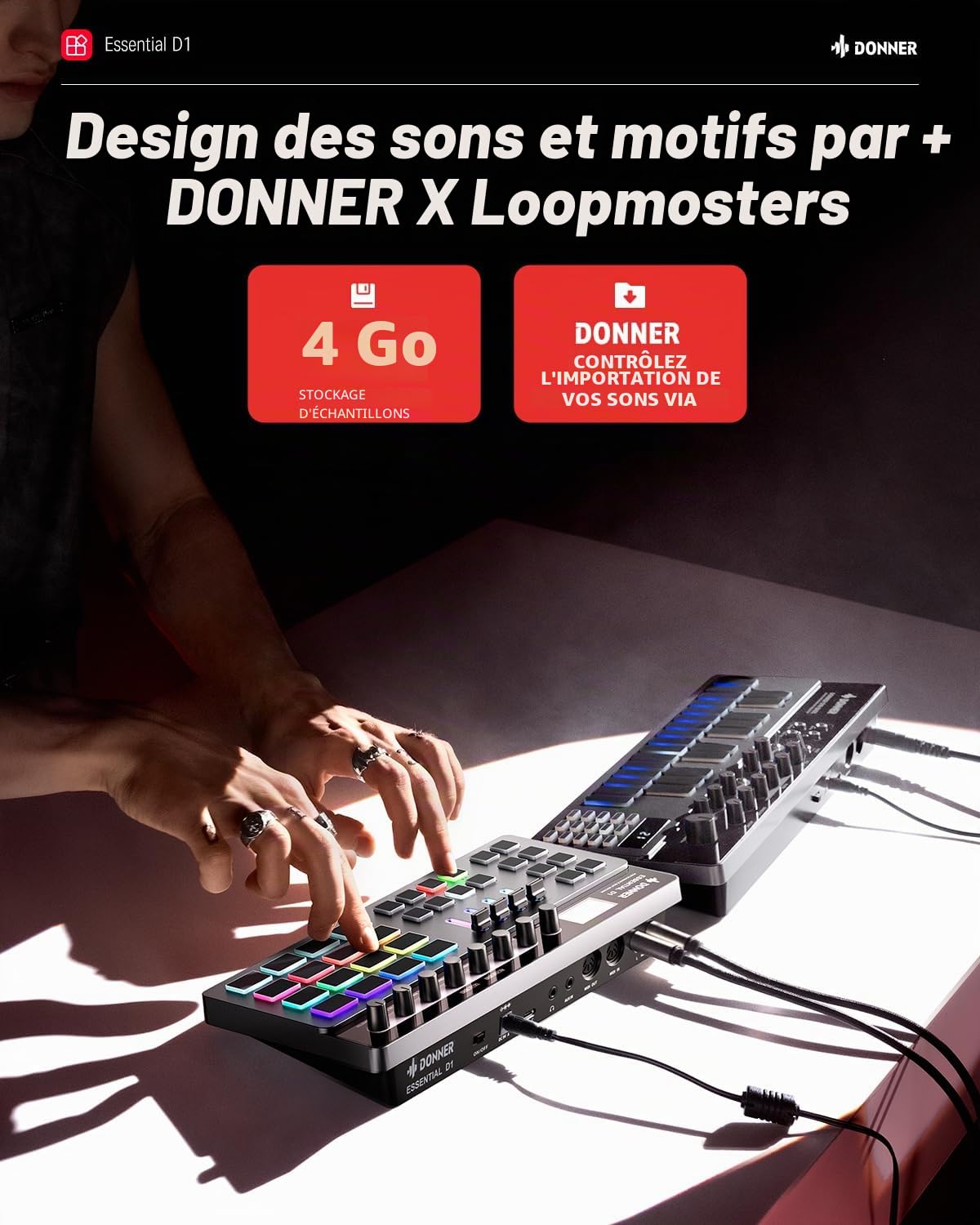 Donner Essential D1 Finger Drum Box et Step Sequence combo, Boast Color Code UI, 12 échantillons de pistes, 16 tableaux de battements RGB, 64 modes de battements prédéfinis, 5 encodeurs sans fin