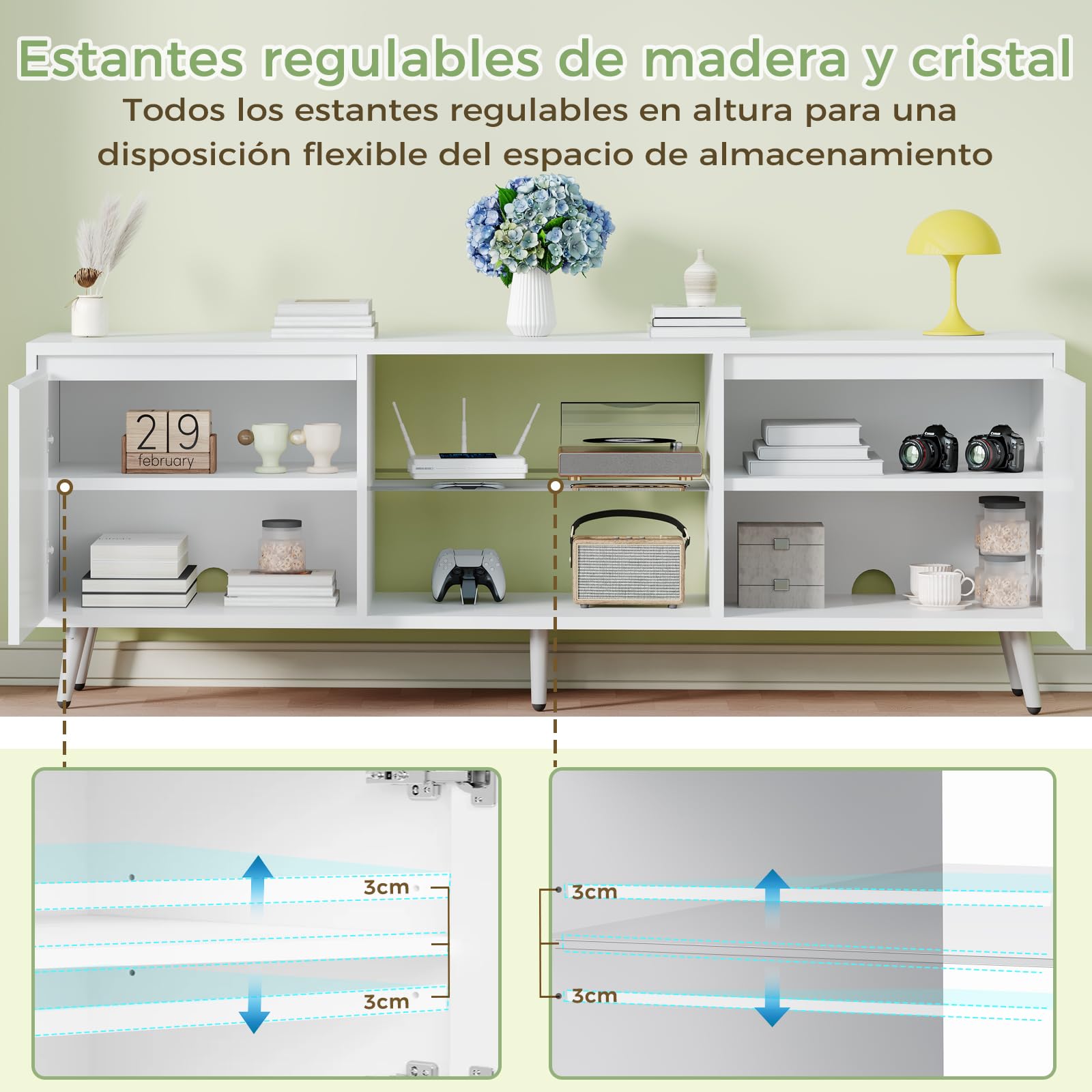 BEWISHOME Mueble TV con Luz LED Ajustable, Ideal para Dormitorio, Oficina | Mesa TV Salón Moderna de 2 Puertas, Soporte de TV con Estantes de Vidrio Ajustables en Altura, 148x40x49.5 cm EKDG04W