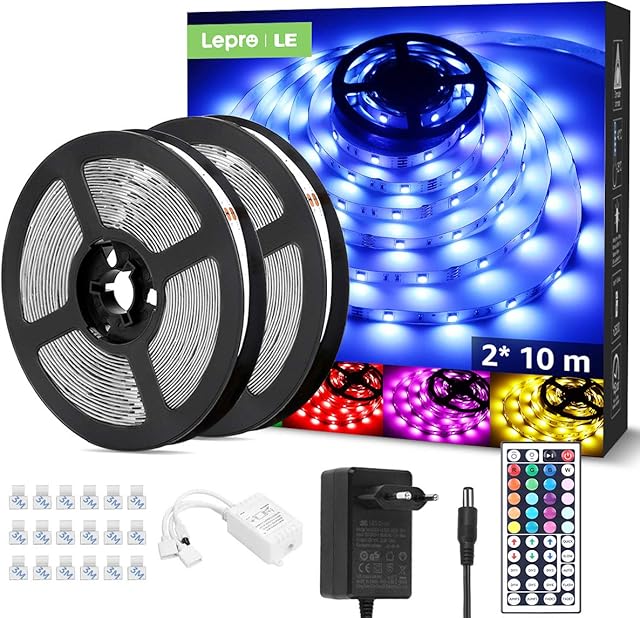 LE Taśma LED 20 m (2 x 10 m), taśma LED RGB, 5050 SMD 600 LED, 12 V, samoprzylepna taśma świetlna z pilotem zdalnego sterowania z 44 przyciskami, elastyczna taśma LED, IP20 do domu, imprezy, baru,