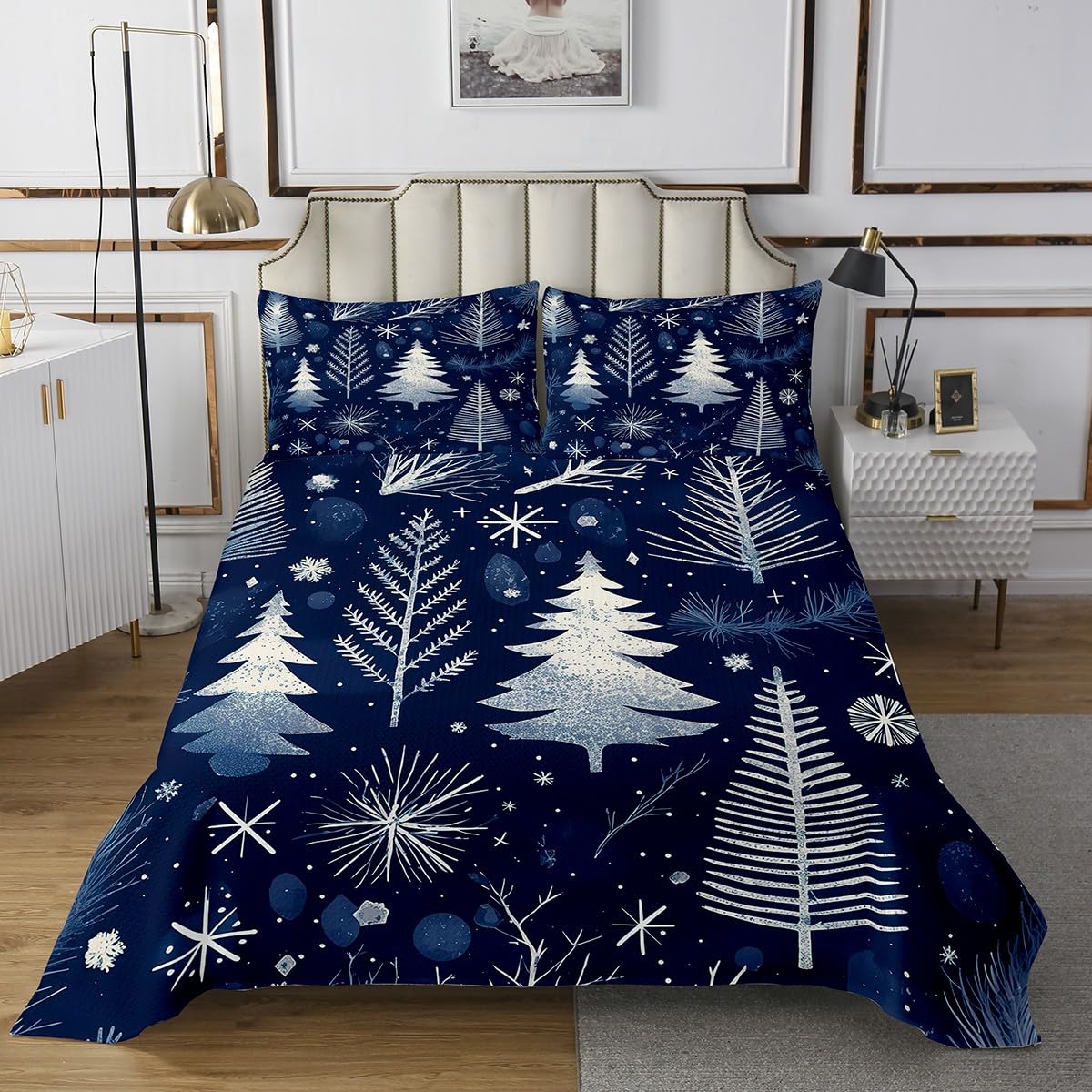 Feelyou Christmas Theme Coverlet Set Queen Size Xmas Glitter Pine Tree Bedspread for Kids Boys Girls Navy Blue Bedding Set Snow Covered Bed Cover 3Pcs