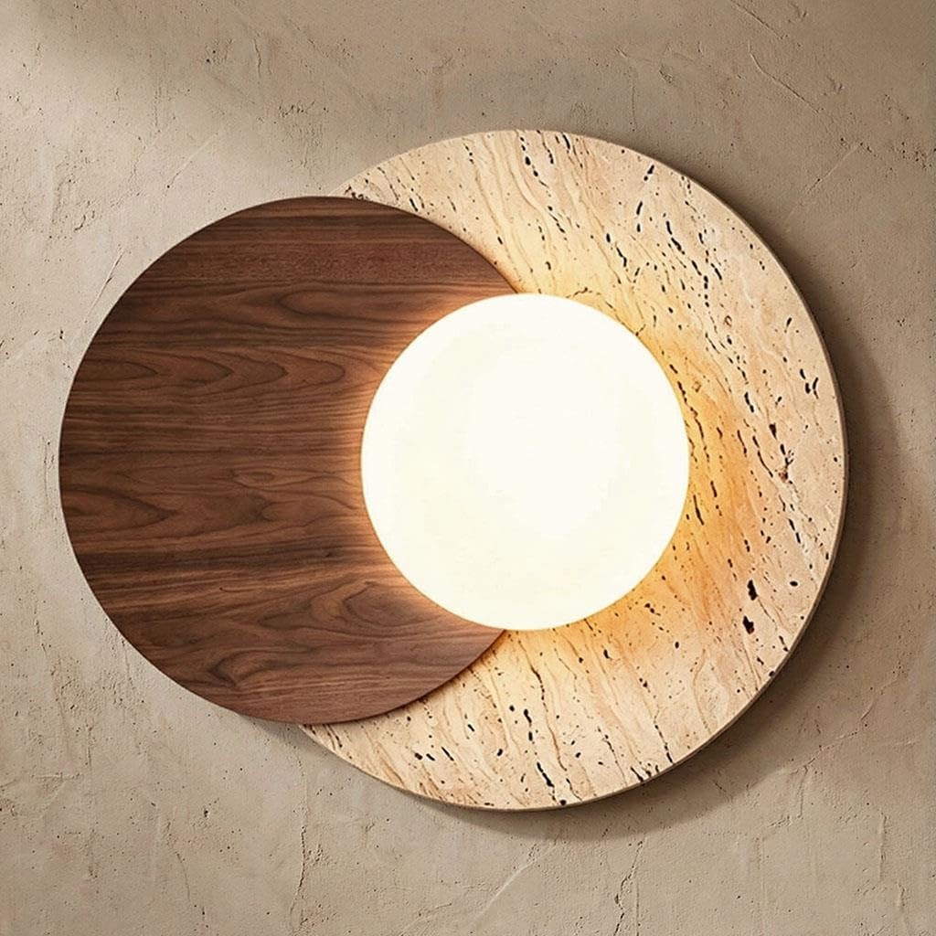 Kinkiet W Nowoczesnym Stylu Wabi-Sabi Trzonek G9 Lampa Ścienna Z Naturalnego Żółtego Trawertynu Oprawa Ścienna Okrągła Z Litego Drewna Do Sypialni Salonu Jadalni I Domu Wakacyjnego(Walnut)