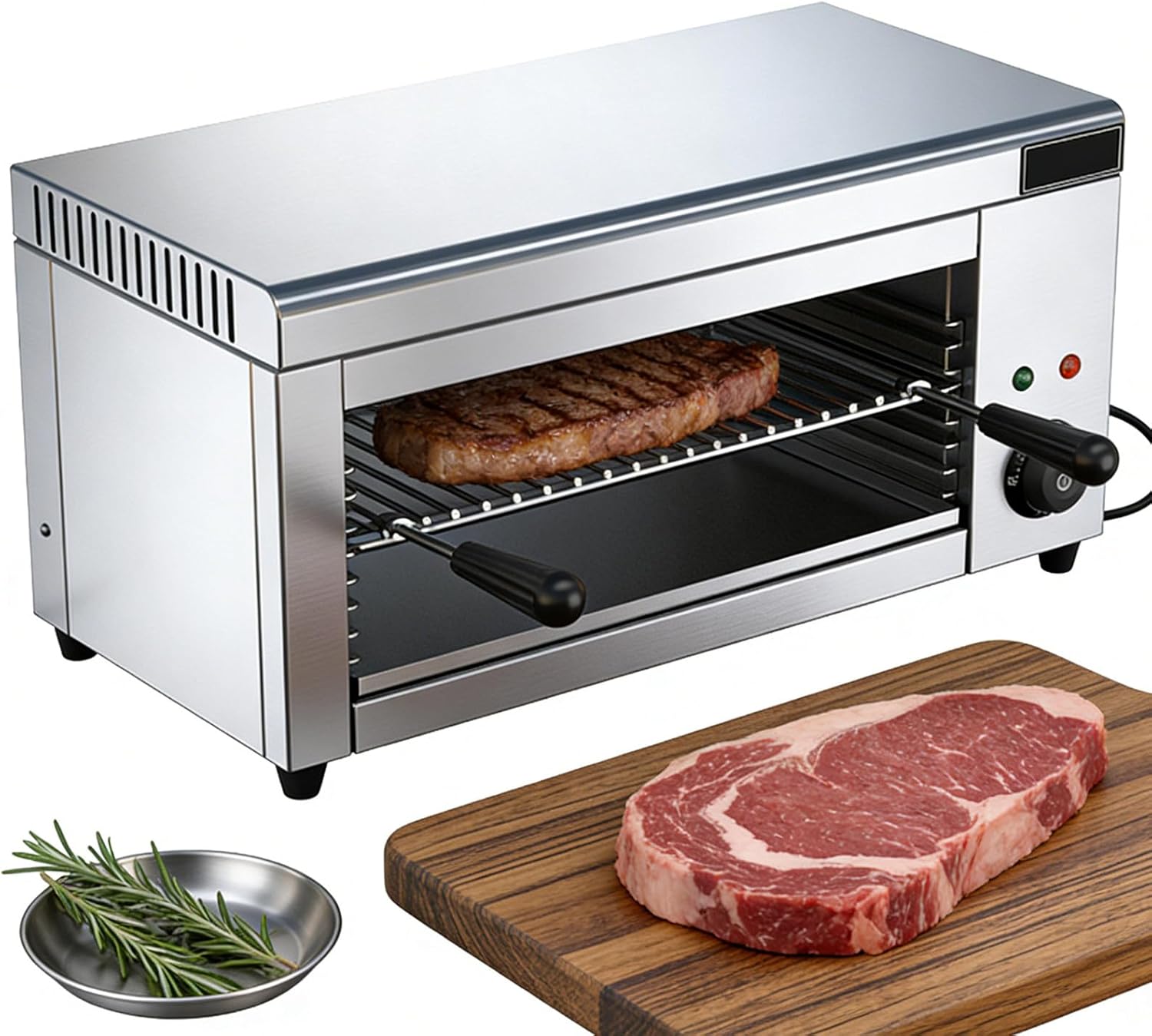 Professional 2000W Electric Salamander Grill, Adjustable Rack Height, Stainless Steel Broiler for Quick Cooking of Steaks, Pizzas, and Sandwiches - Ideal for Restaurants and Home Use