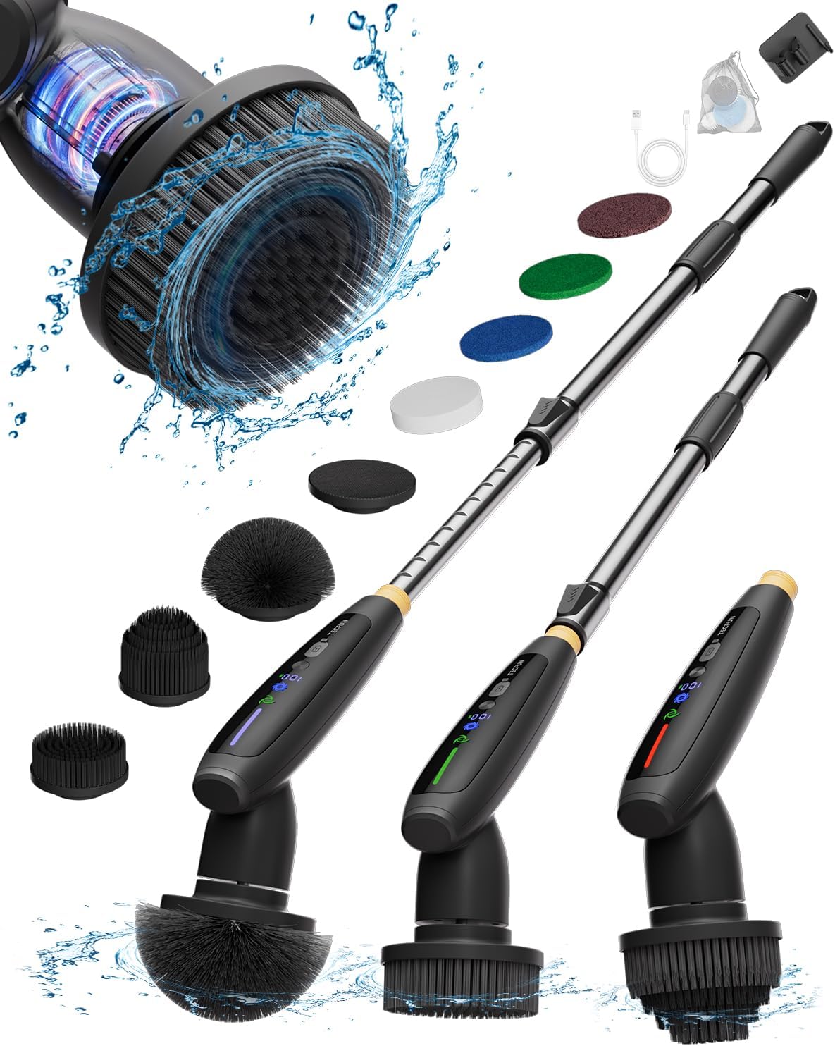 Electric Spin Scrubber, 2024 New Full-Body IPX7 Waterproof Bathroom Cleaner Brush, Shower Scrubber with Extendable Handle & 2 Speed, Interactive LED, Cleaning Supplies for Tub,Tile,Floor-Black Electric Spin Scrubber, 2024 New Full-Body IPX7 Waterproof Bathroom Cleaner Brush, Shower Scrubber with Extendable Handle & 2 Speed, Interactive LED, Cleaning Supplies for Tub,Tile,Floor-Black