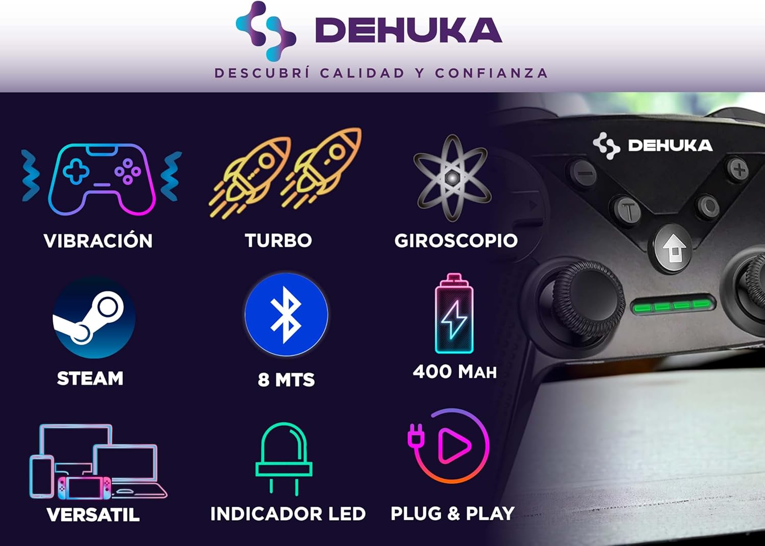 Infographic highlighting key features: Vibration, Turbo, Gyroscope, Steam compatibility, 8-meter Bluetooth range, 400mAh battery, Versatile connectivity, LED indicator, and Plug & Play.