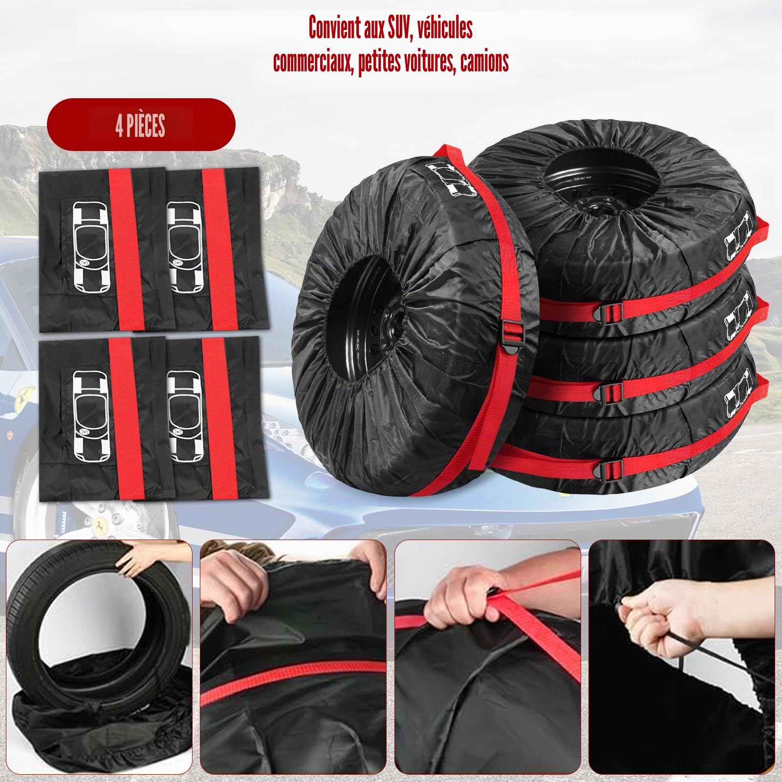 Lot de 4 Housses de Pneus de Secours de Voitur 18-22 In, Housse Roue de Secours de Rechange Universelle, Imperméable, Anti Poussière Neige, Housses de Protection de Roue Voiture avec poignée renforcée