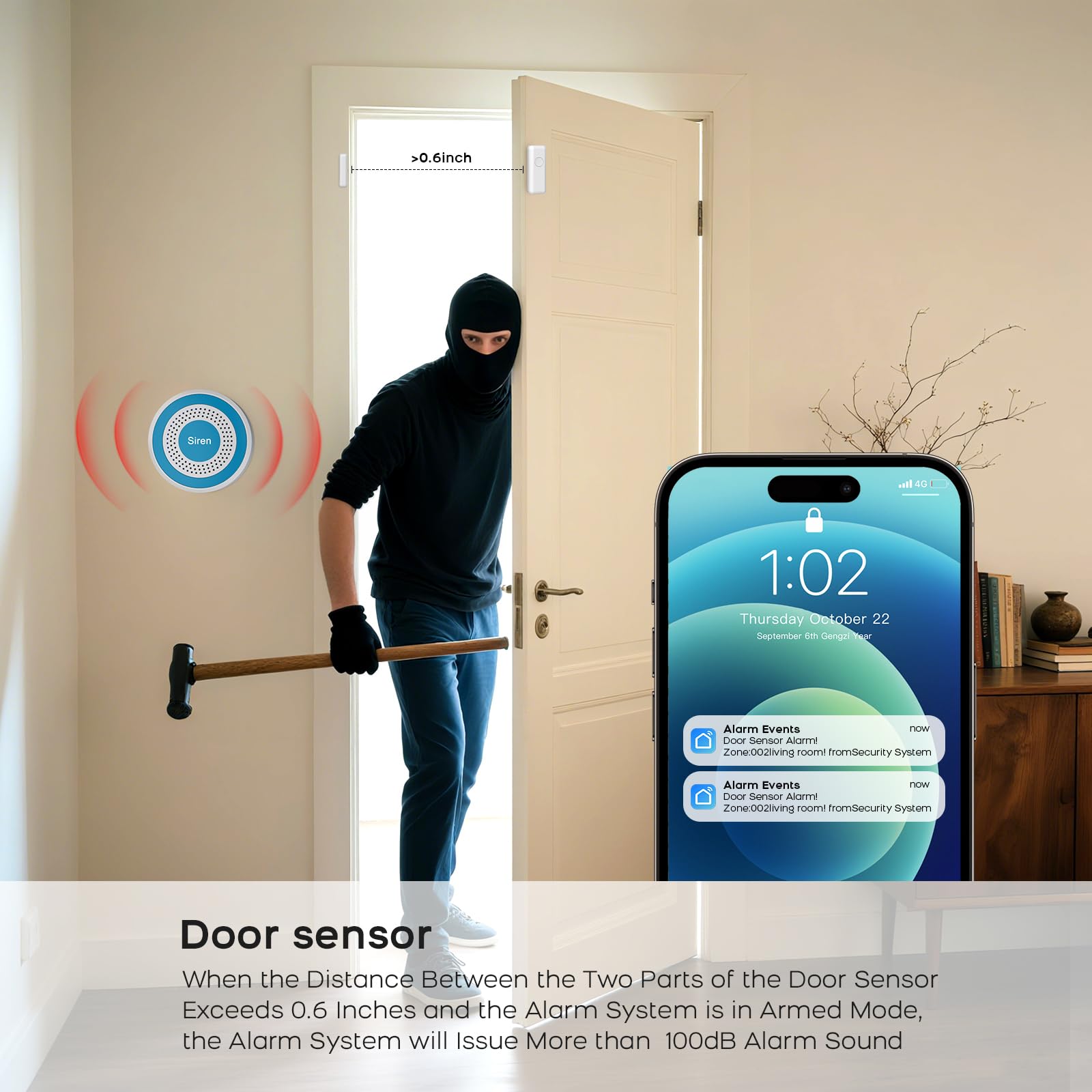 XNY Systèmes de sécurité pour maison intelligente, systèmes d'alarme sans fil avec 4 capteurs de porte et fenêtre, 1 détecteur de mouvement, 2 télécommandes, WiFi 2,4 GHz, notification d'application