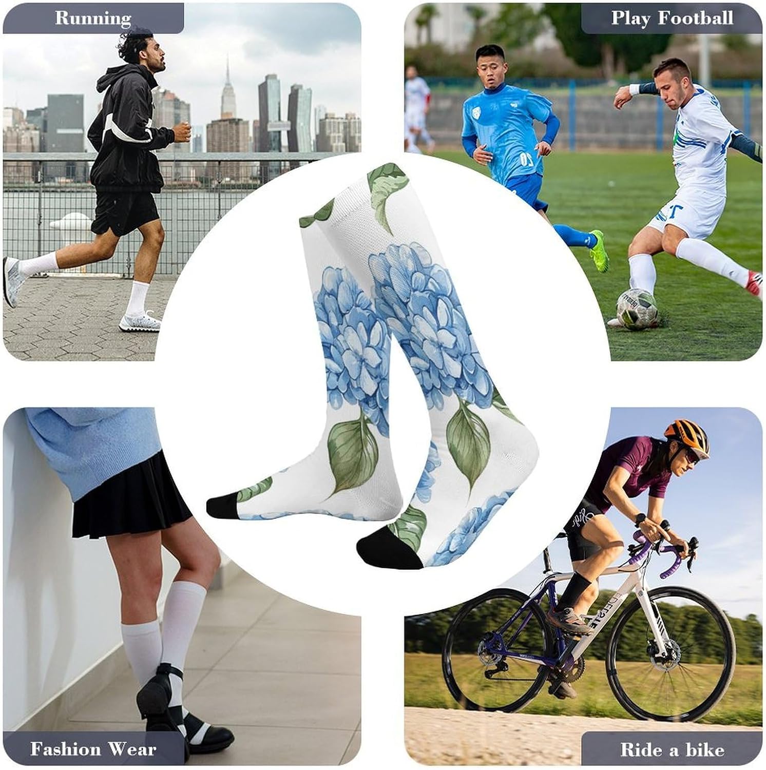 Knee High Socks Blue Hydrangea Long Tube Boot Seamless Toe