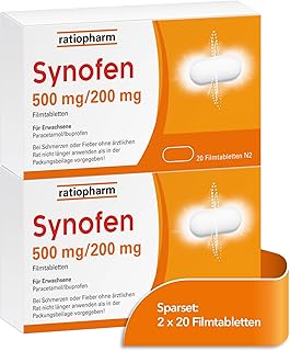 Synofen von ratiopharm im Sparset 2x20 Stück: schnell, stark und gut verträglich gegen Schmerzen – mit der Wirkstoffkombination aus Paracetamol und Ibuprofen, 40 Filmtabletten