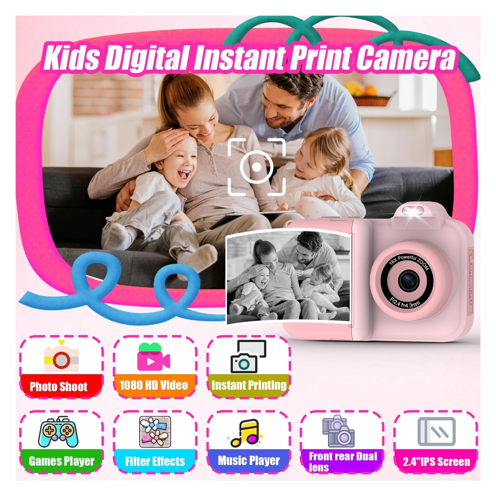 Fotocamera a stampa istantanea for bambini Mini videocamera digitale Doppia lente Stampa fotografica Carta termica Giocattoli Fotocamera Ragazzi Ragazze Regali(White Purple)