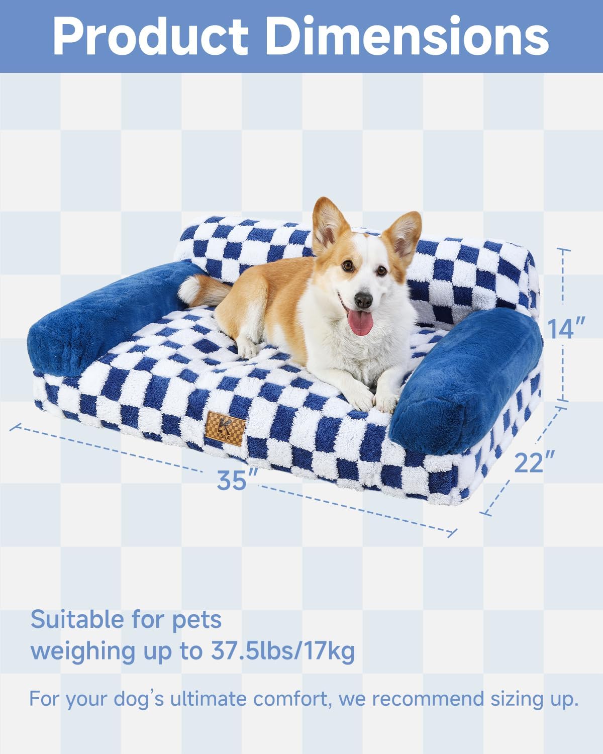 KSIIA Dog Bed Medium Dog Beds with Supportive Armrests Waterproof Pet Couch Comfort Pet Sofa with Removable Machine Washable Cover & Anti-Slip Bottom, 35 x 22 in, Blue
