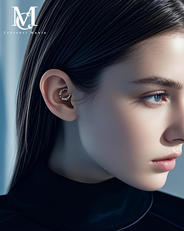 CM Crareesi Mania Spike Septum Rings, 16G Surgical Steel Septum Piercing Jewelry, Black Heart CZ Daith Earrings, Nose Rings Hoops for Women, Helix Cartilage Daith Piering Jewlery 10mm by CM Crareesi Mania - Used condition - Image 3