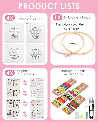 Miniatura 4 de TINDTOP Kit de bordado para principiantes, paquete de 4 kits de práctica de punto de cruz para principiantes, incluye aros de tela de bordado, hilos