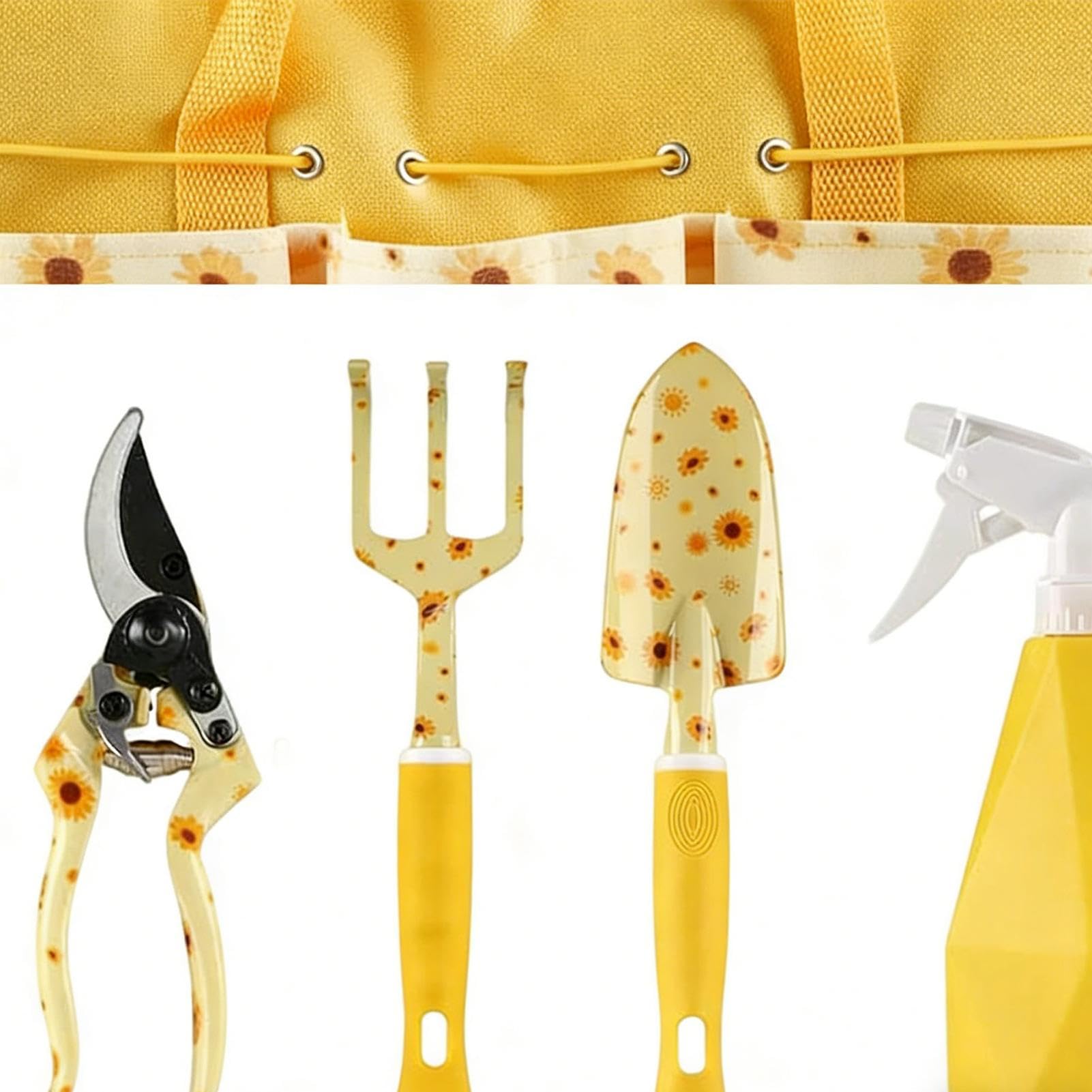 Attrezzi da Giardinaggio Manuali Robusti ed Ergonomici con Motivo Girasole | Kit con Rastrello Pala e Cesoie da Potatura Per Piantumare Diserbare Giardinieri Principianti Anziani e per Esterni