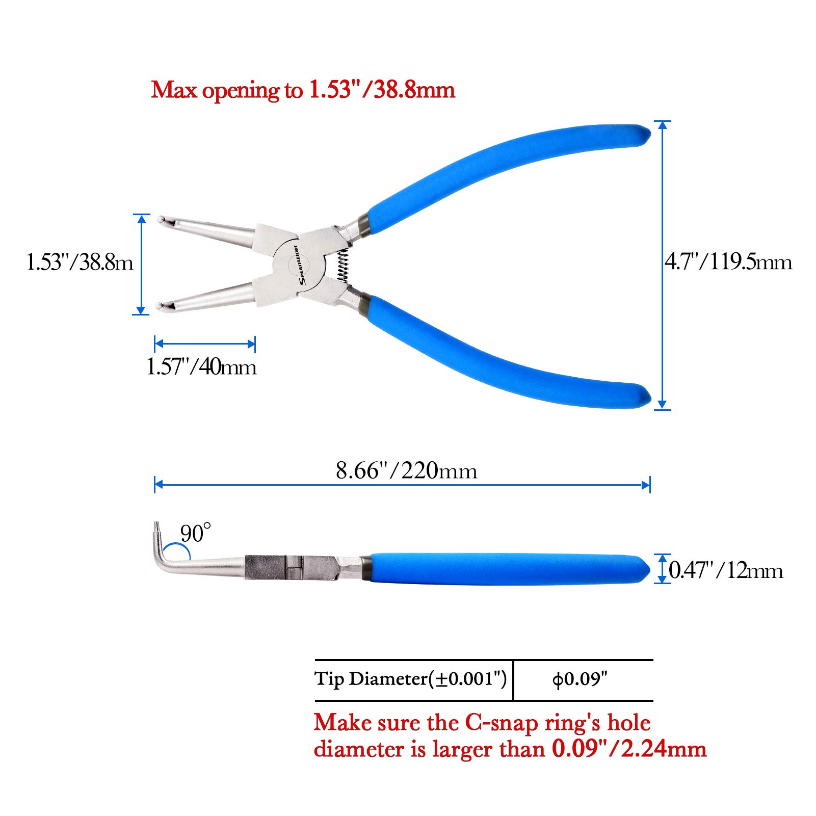 SPEEDWOX 9Inch Internal Snap Ring Pliers 90 Degree Bent Jaw Retainer