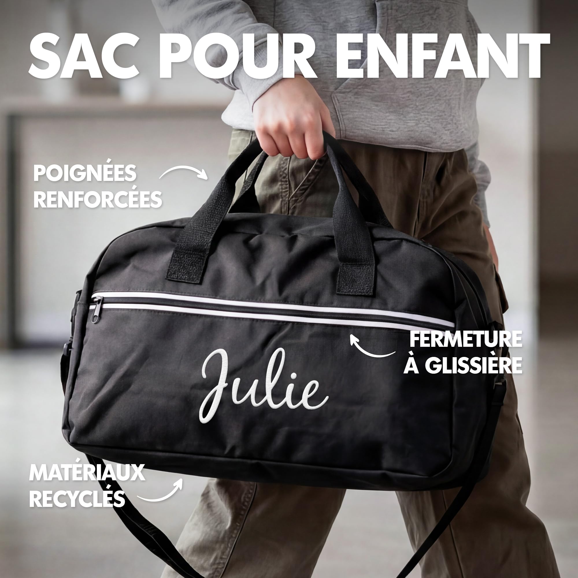 Sac de Sport Enfant personnalisé 20L Brodé avec prénom - Sac Sport et Vacances avec Sac à Chaussures Noir