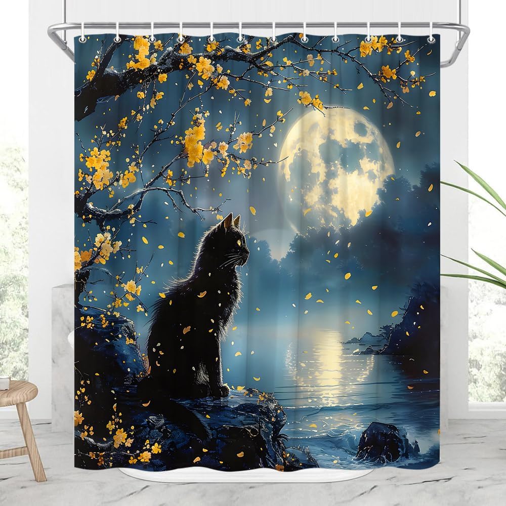 Black Cat Shower Curtain Kitten and Cherry Blossoms Trees Under The Full Moon Rustic Red Floral Farmhouse Ink Painting Bathroom Decor Curtains 94x70 inch with Hook