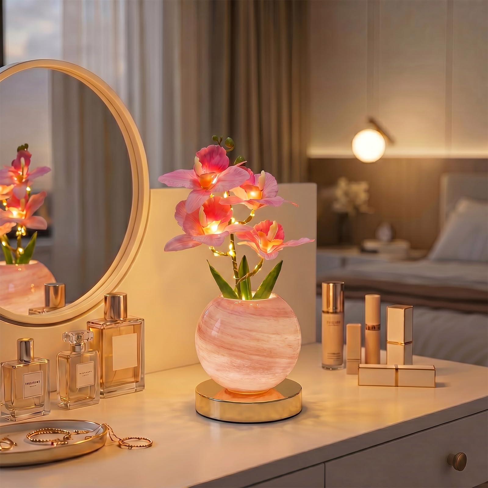 Orchid Flower Lamps - Touch Stepless Dimming Orchid Night Light-3 Colors Rechargeable LED Artificial Flower with Glass Vase Table Lamp -Home Decor Pink Bedside Lamp for Birthday Gifts for Women Mom