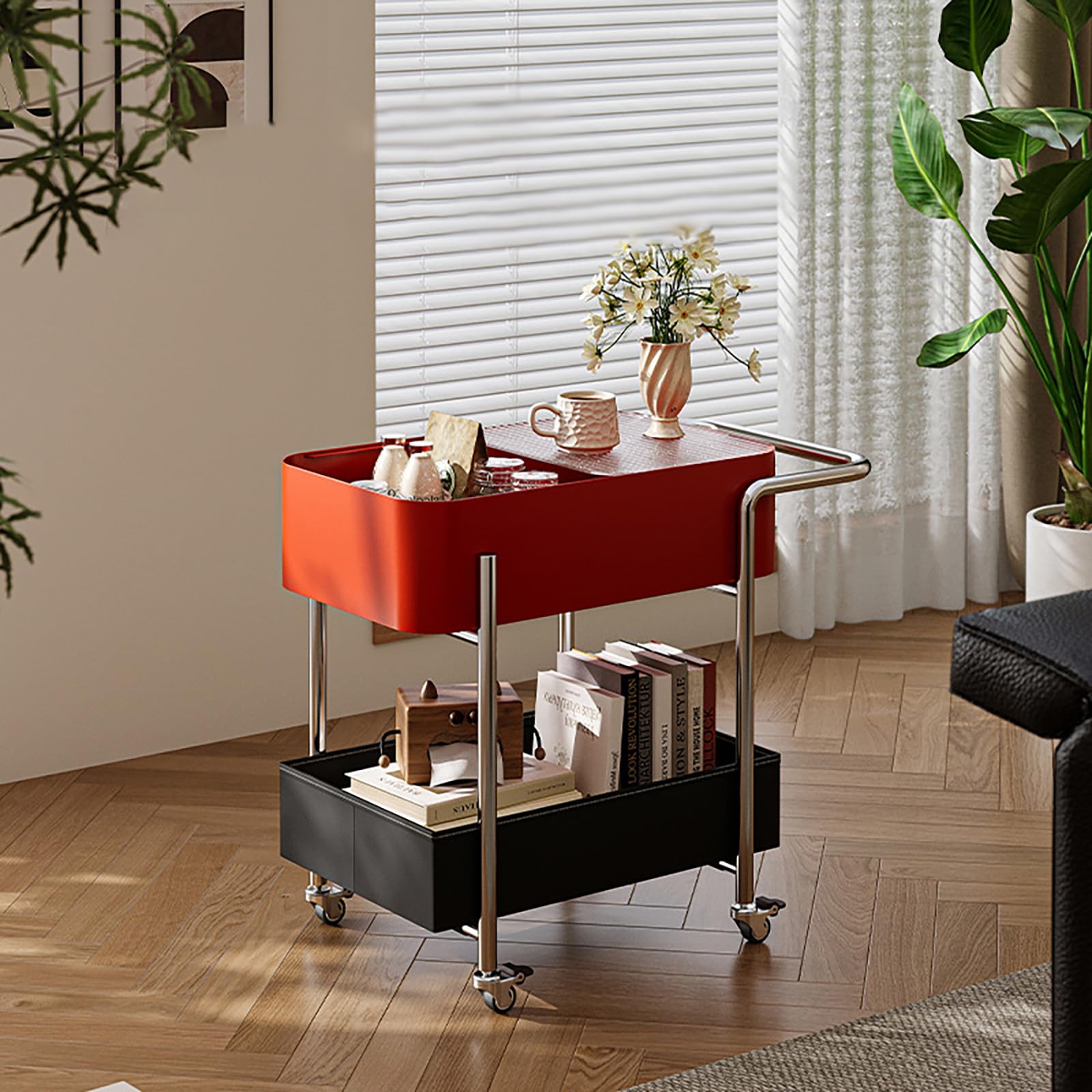 Rollbarer Beistelltisch aus Metall, Couchtisch, moderner Nachttischwagen, Servierwagen für das Wohnzimmer, Kratzfeste Tabletts, feststellbare 360°-Räder, ergonomischer U-Griff,A