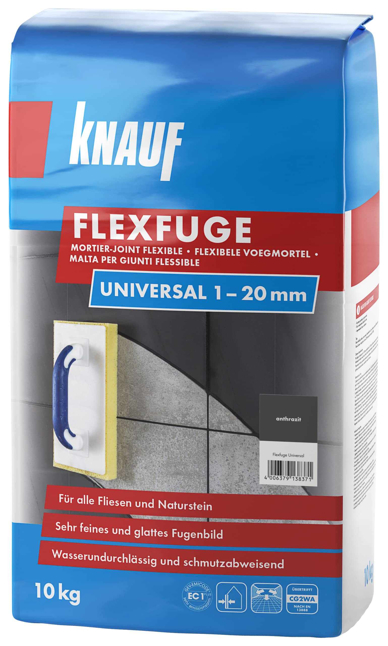 Knauf Flexfuge Universal 10 kg Anthrazit, universell einsetzbar für ein besonders glattes Fugenbild auf Wand & Boden im Innen- & Außenbereich, schnellhärtender Fugenmörtel auf Zementbasis