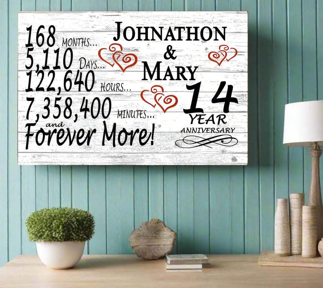 Personalized 14 Year Anniversary Sign Gift 14th Wedding Anniversary Present For Couple Days Minutes Years - Solid Wood - 16.5in x 10.5in x .75in (14 Year)