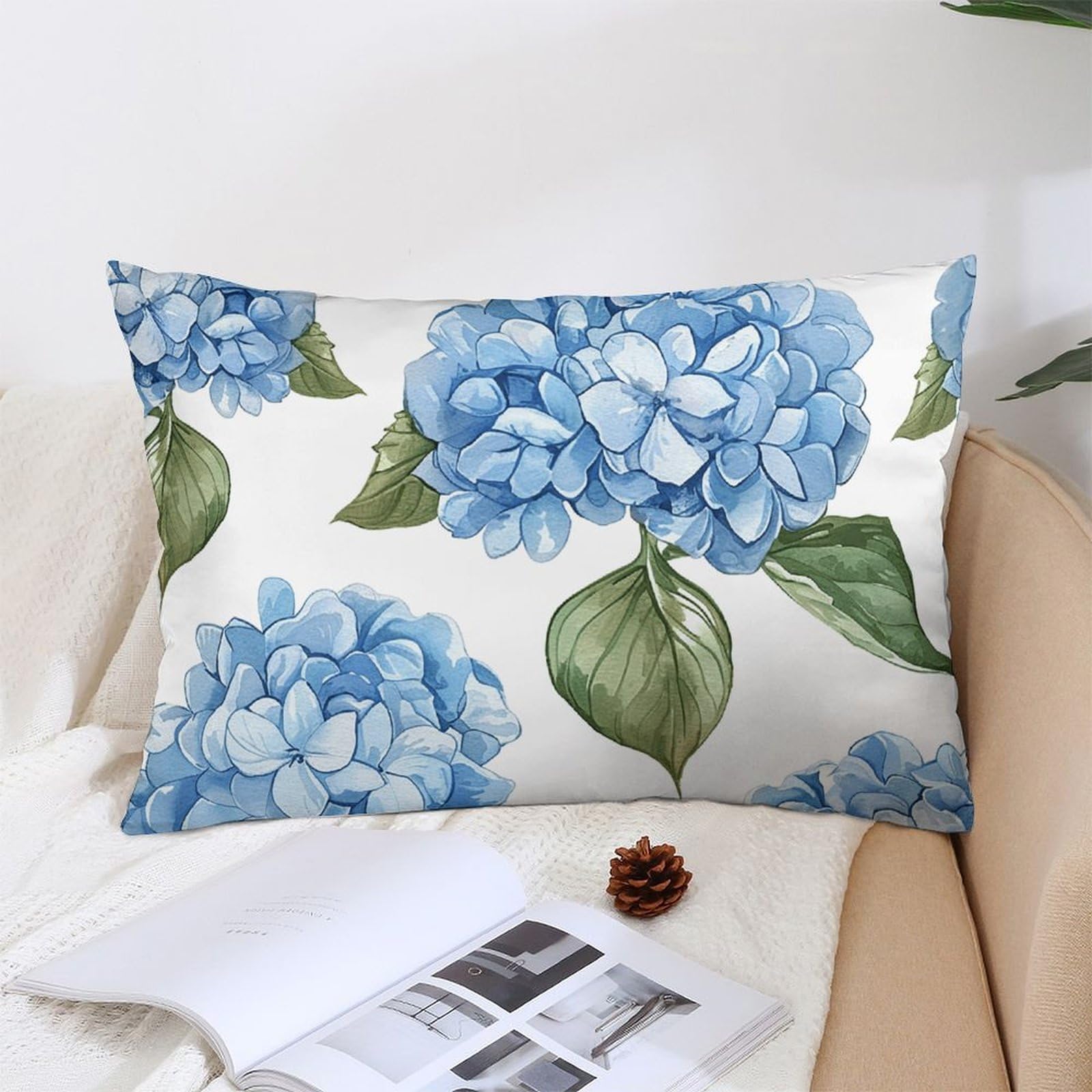 KMRHOUTIQ Decorative Blue Hydrangea Lumbar Throw Pillow Covers 12x20 with Hidden Zipper Outdoor Couch Pillow Cases for Sofa Bed Living Room Garden Plush Pillowcase Farmhouse Cushion Case Home Decor