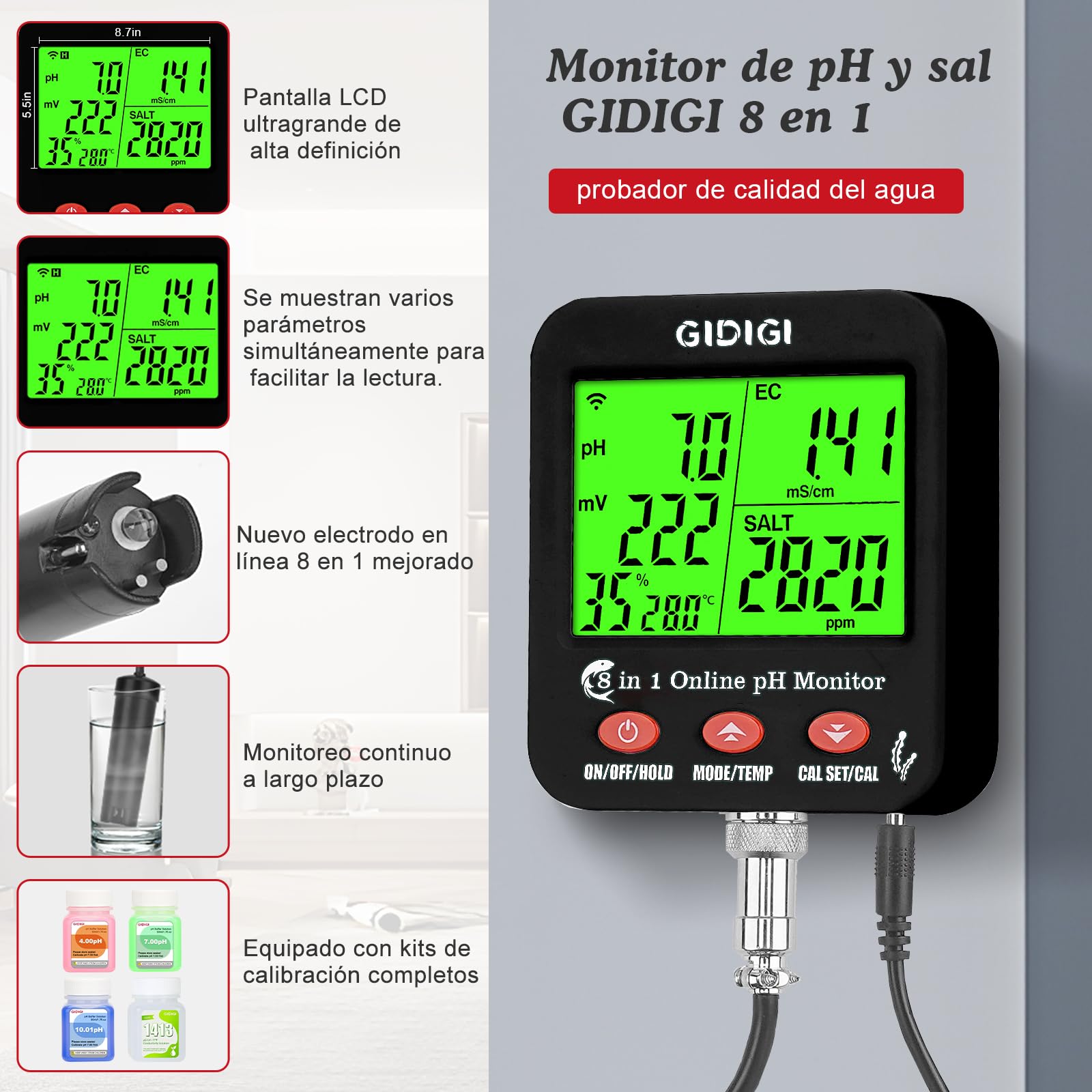 Medidor pH Acuario inteligente, Continuo pH Hidroponia Monitor, La Pantalla Grande Puede Mostrar Múltiples Parámetros Simultáneamente, 8 en 1 pH EC PPM ORP Sal y Humedad para Acuario,Hidroponia
