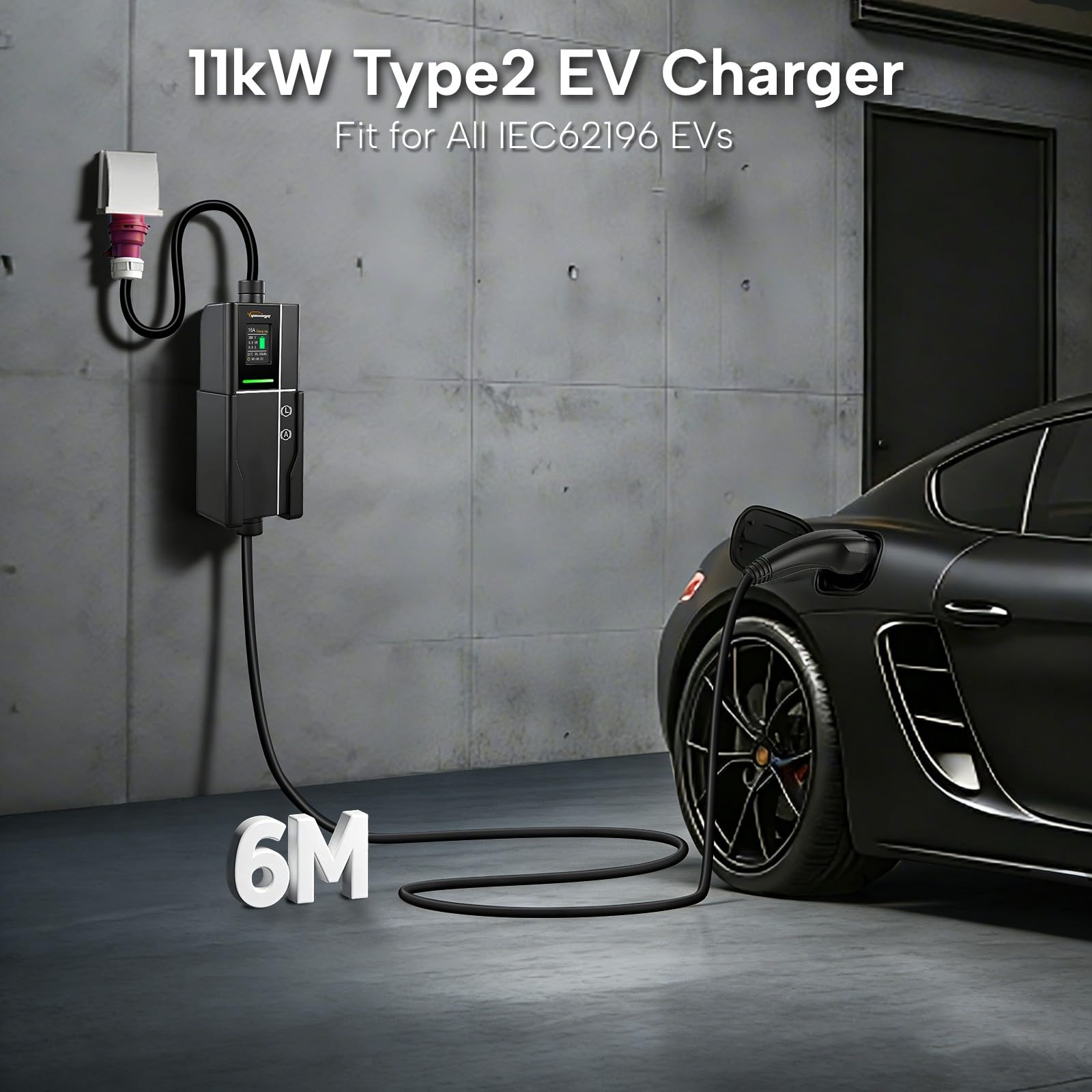 Kabel ładujący typu 2 ze złączem CEE, 11kW, 3 fazy, 6m, 6-16A, IEC 62196 Przenośna ładowarka do PHEV/EV z kieszenią na drzwi, wodoodporny IP66