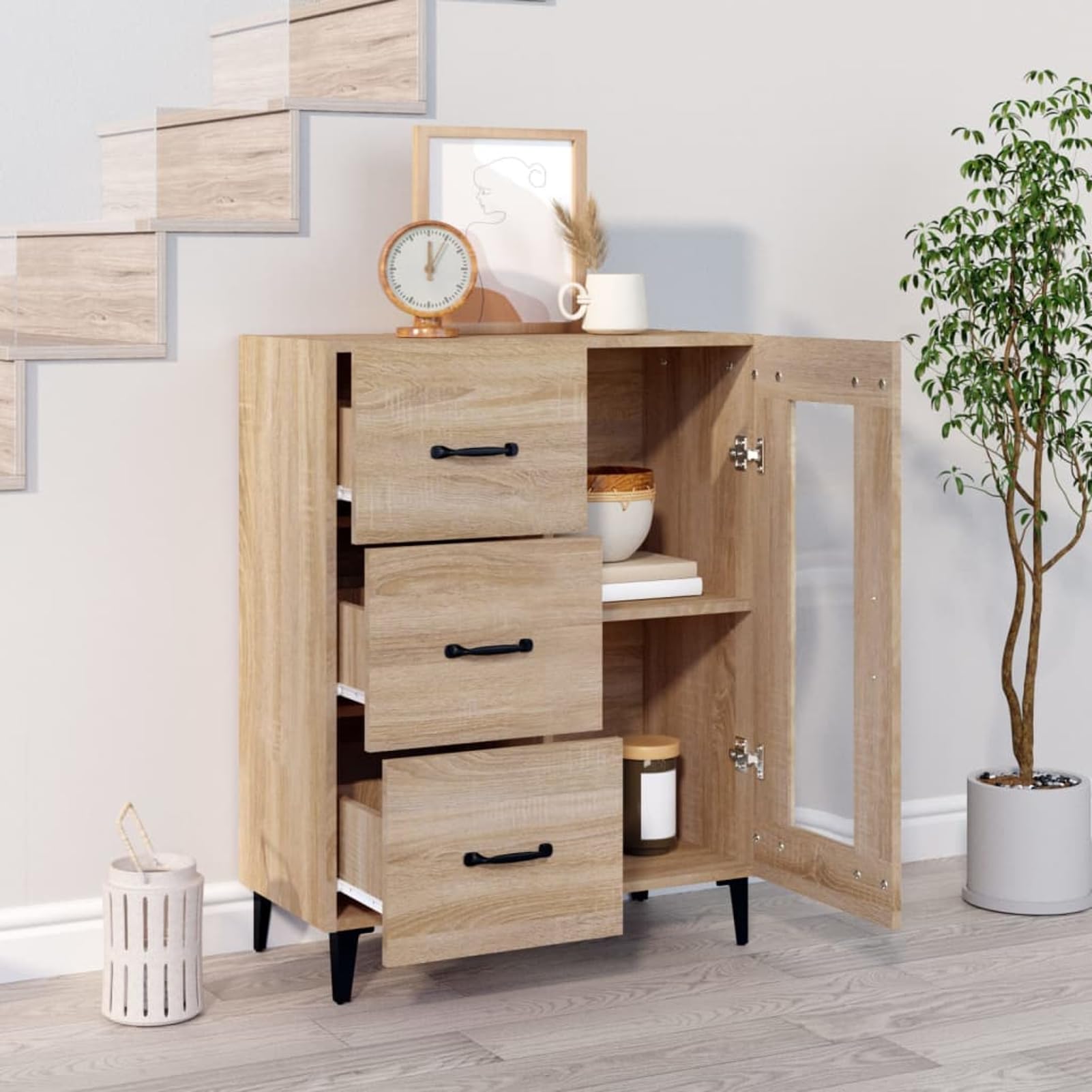 Gecheer Aparador Aparador Cocina Buffet para Comedor con Armarios Cajones Estantes Vitrinas Almacenaje Multiusos Mesa Consola Auxiliar Madera Color Roble 69,5x34x90 cm