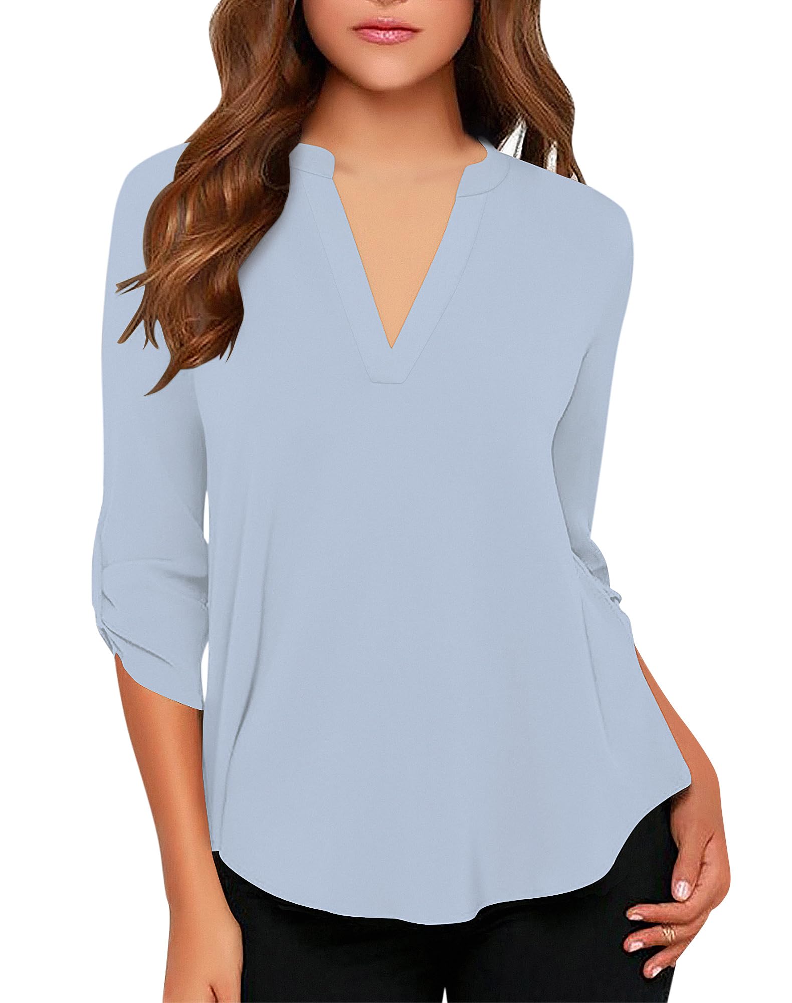 roswear Women's Business Casual V Neck Cuffed Sleeves Work Blouse Top