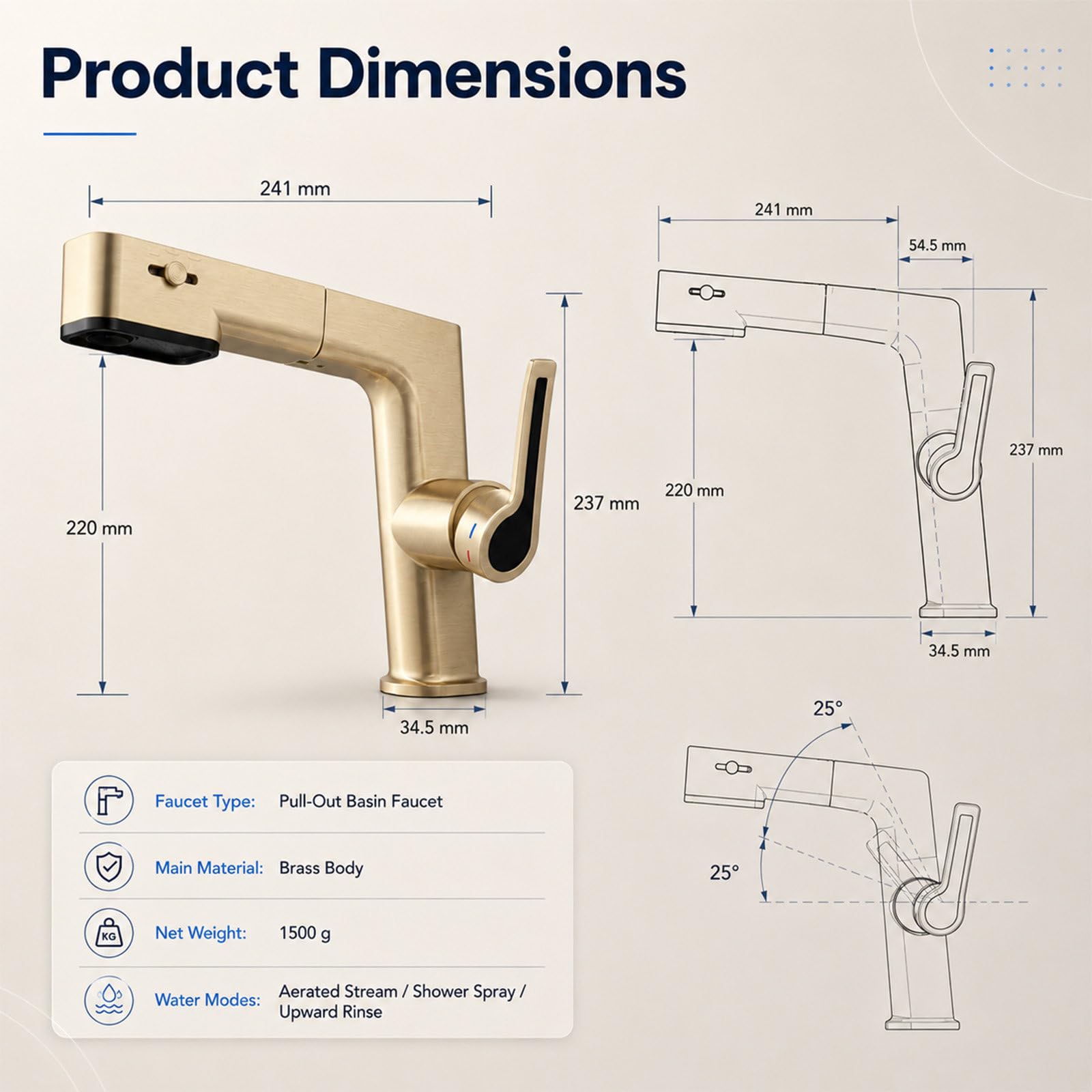 Grifo de Lavabo Extraíble para Baño, Monomando de Latón para Agua Fría y Caliente, 3 Modos de Flujo de Agua, Grifería con Caño Estirable, Incluye Mangueras de Entrada