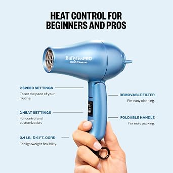BaBylissPRO Nano Titanium Travel Hair Dryer, 1000 Watt Professional Blow Dryer with Concentrator Nozzle, Foldable Handle, Dual Voltage