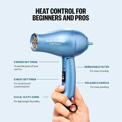 BaBylissPRO Nano Titanium Travel Hair Dryer, 1000 Watt Professional Blow Dryer with Concentrator Nozzle, Foldable Handle, Dual Voltage
