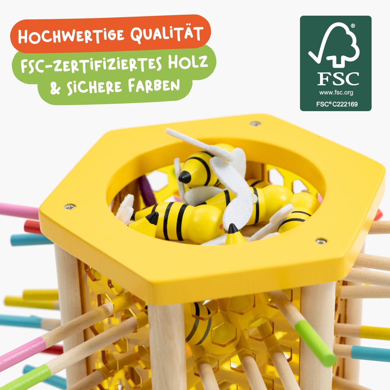 Nene Toys BEEFALL Groß, 4-in-1 Lernspiel mit Bienen, Montessori Spielzeug ab 3 Jahren mit bunten Stäben, Würfeln & Karten - Holzspiel für Jungen & Mädchen 3-9 Jahre - Pädagogisches Familienspiel