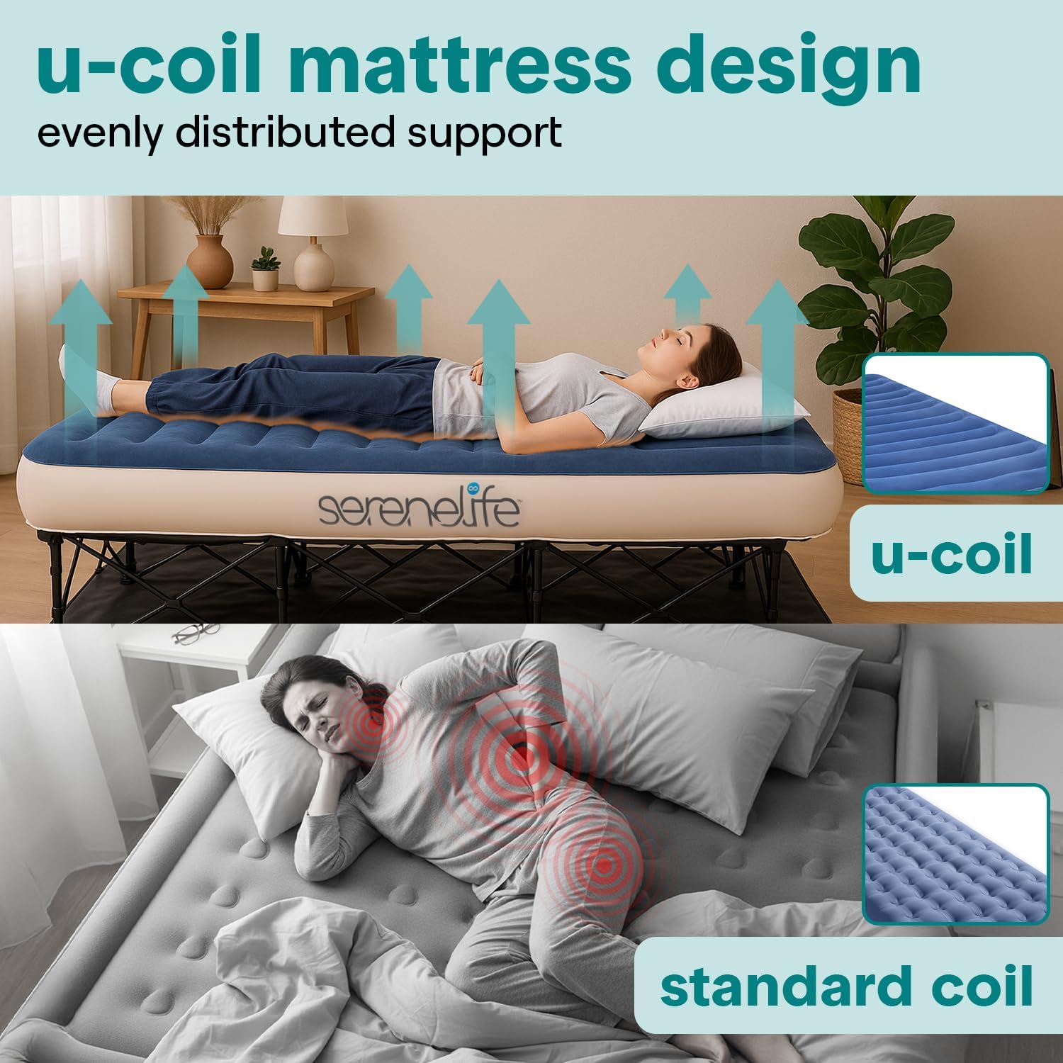 SereneLife (Twin) EZ Bed Air Mattress with Frame and Rolling Case - 3 Min Self Inflating Air Bed with Upgraded U-Coil Mattress and Premium Soft Flocked Top, Wall Plug AC Powered Inflate and Deflate