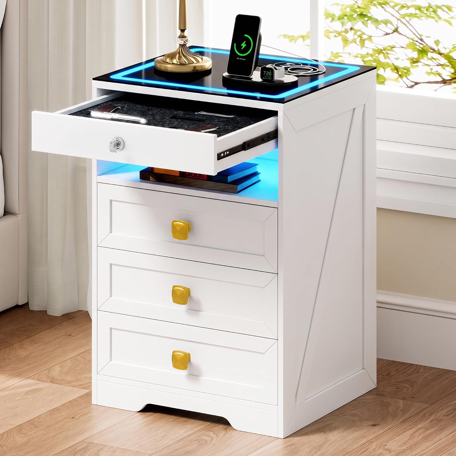 WOOVIVS Modern LED Night Stand with Charger Station and Gun Drawer, White