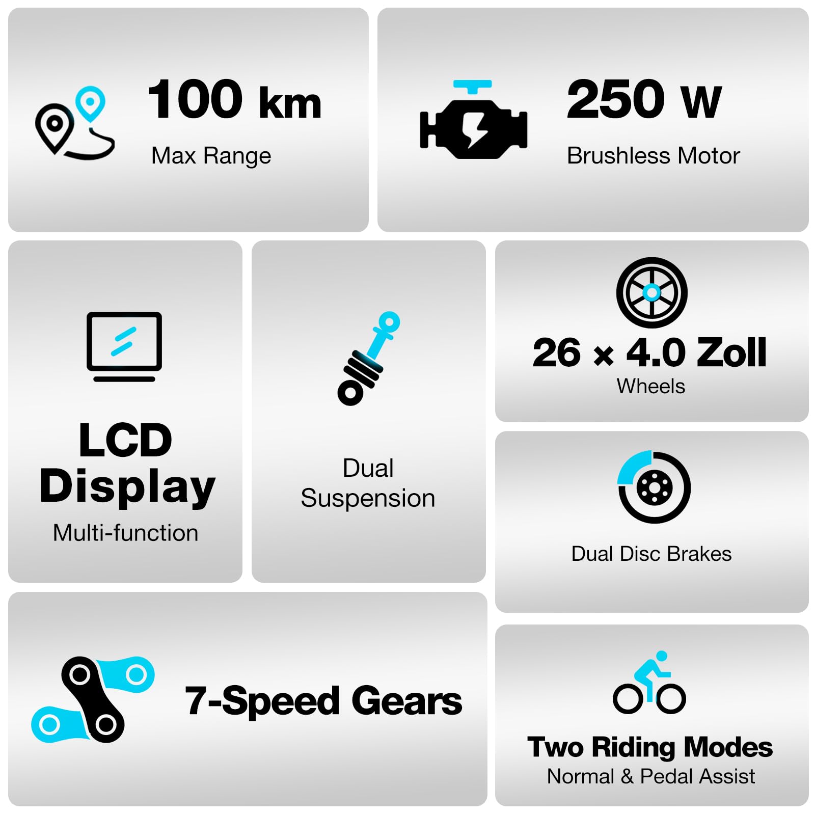 COLORWAY Bicicleta Eléctrica 26” Fat Tire 48V 15Ah 720Wh, Motor 250W, 7 Velocidades, Suspensión Delantera, Doble Freno de Disco, E-Bike para Montaña y Ciudad