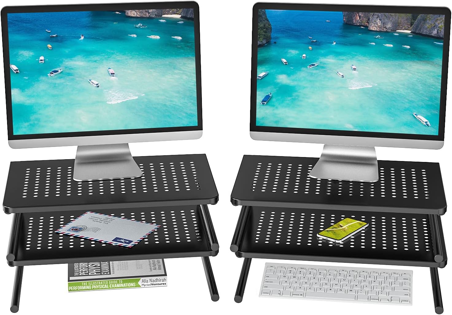 WALI Monitor Stand Riser, Laptop Holder Printer Riser Desk Accessories, Vented Metal Platform and 4 inches Height Underneath Storage for Office Supplies (STT001-4), 4 Pack, Black