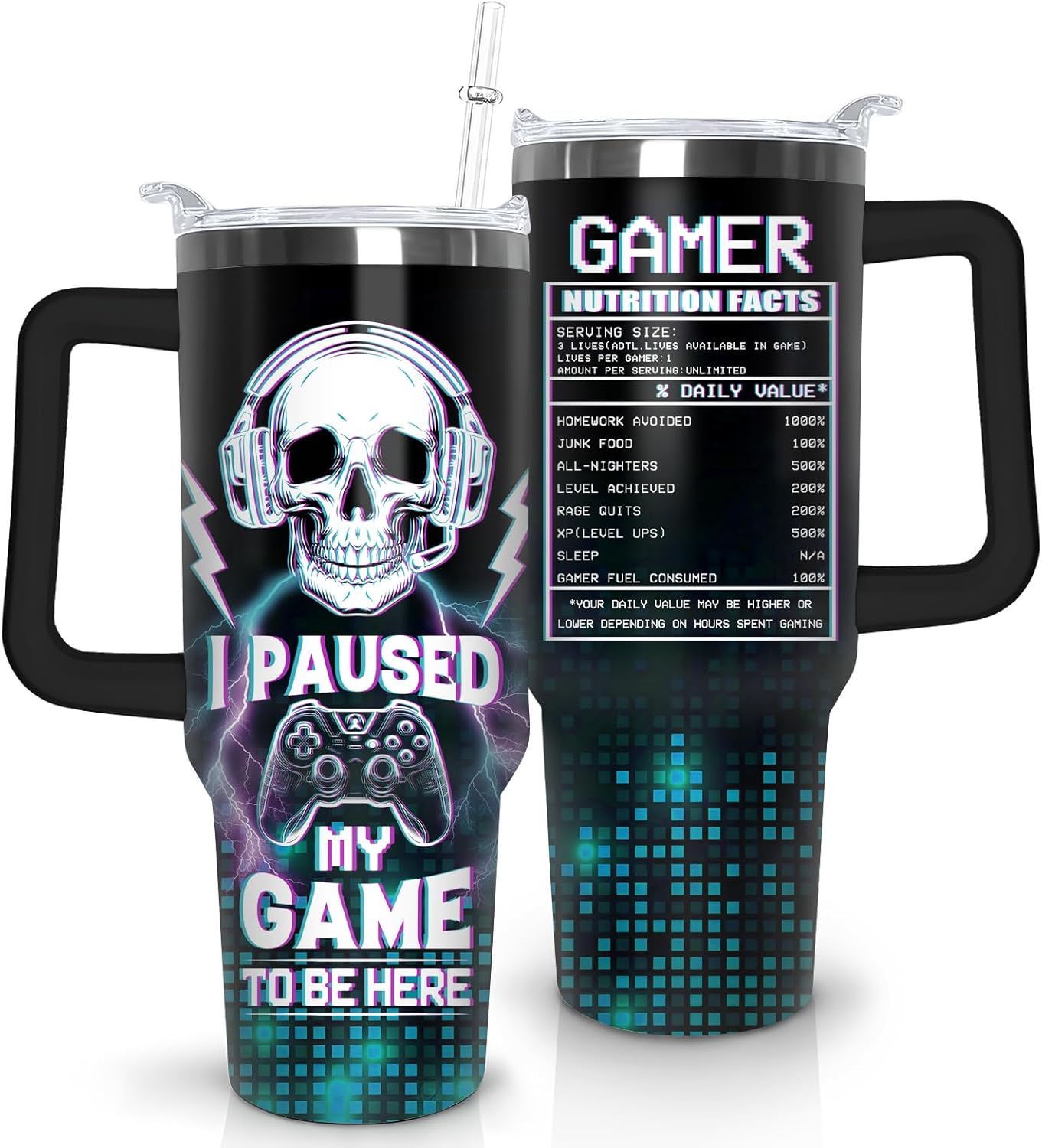 Game Tumbler with Lid and Straw, 40oz Gamer Water Bottle Cup with Handle, Gaming Travel Coffee Mugs, Birthday Gifts for Gamer Men Boys