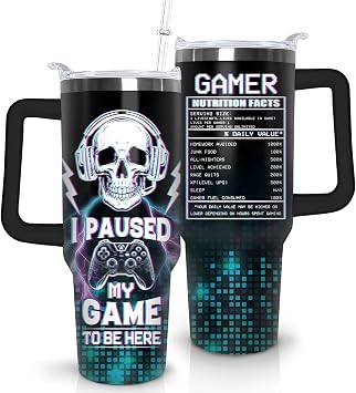 Game Tumbler with Lid and Straw, 40oz Gamer Water Bottle Cup with Handle, Gaming Travel Coffee Mugs, Birthday Gifts for Gamer Men Boys