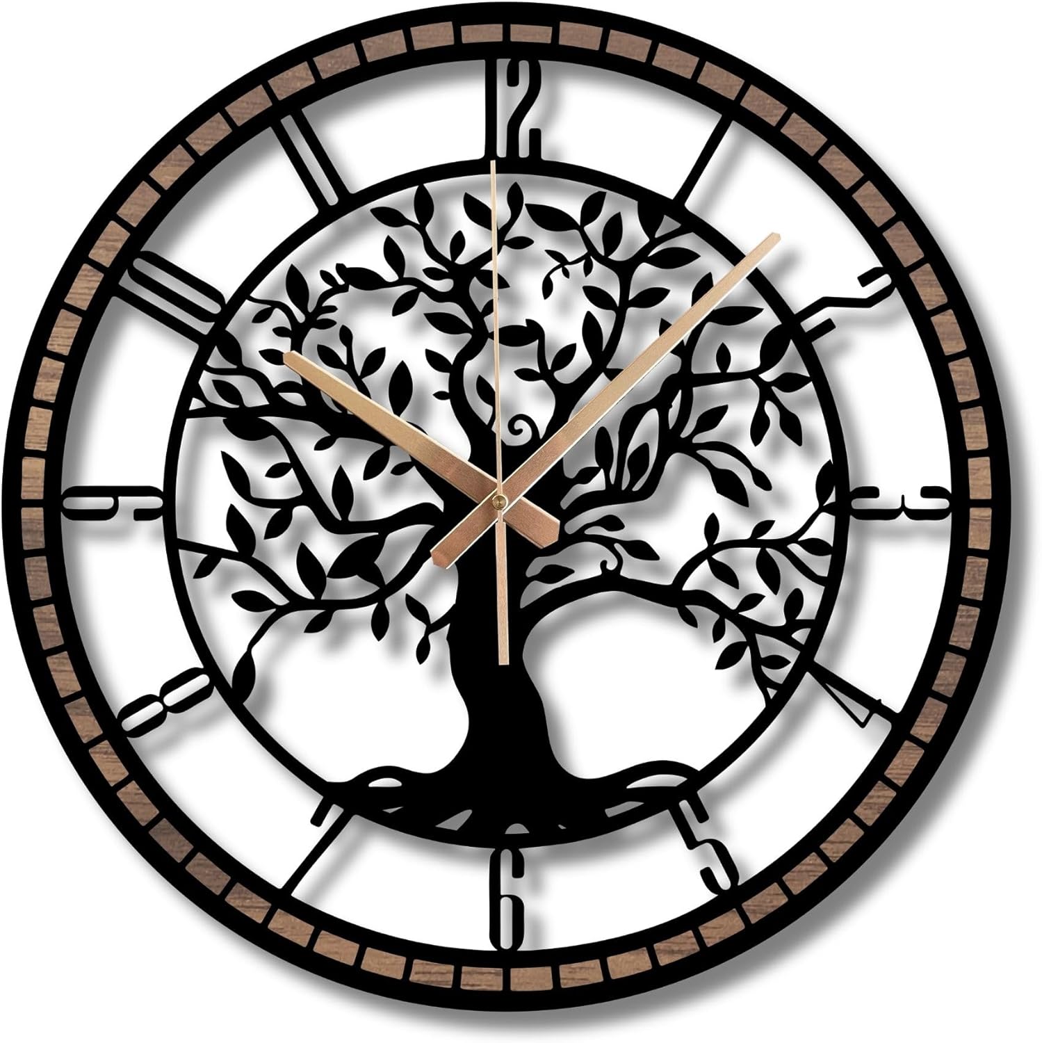 Tree of Life Wall Clock, Metal with Wood Clocks, Large Wall Clock for Living Room, Office, Bedroom, Home, Mid Century Silent Non Ticking Decorative Wall Clock, Farmhouse Decorations, Battery Operated
