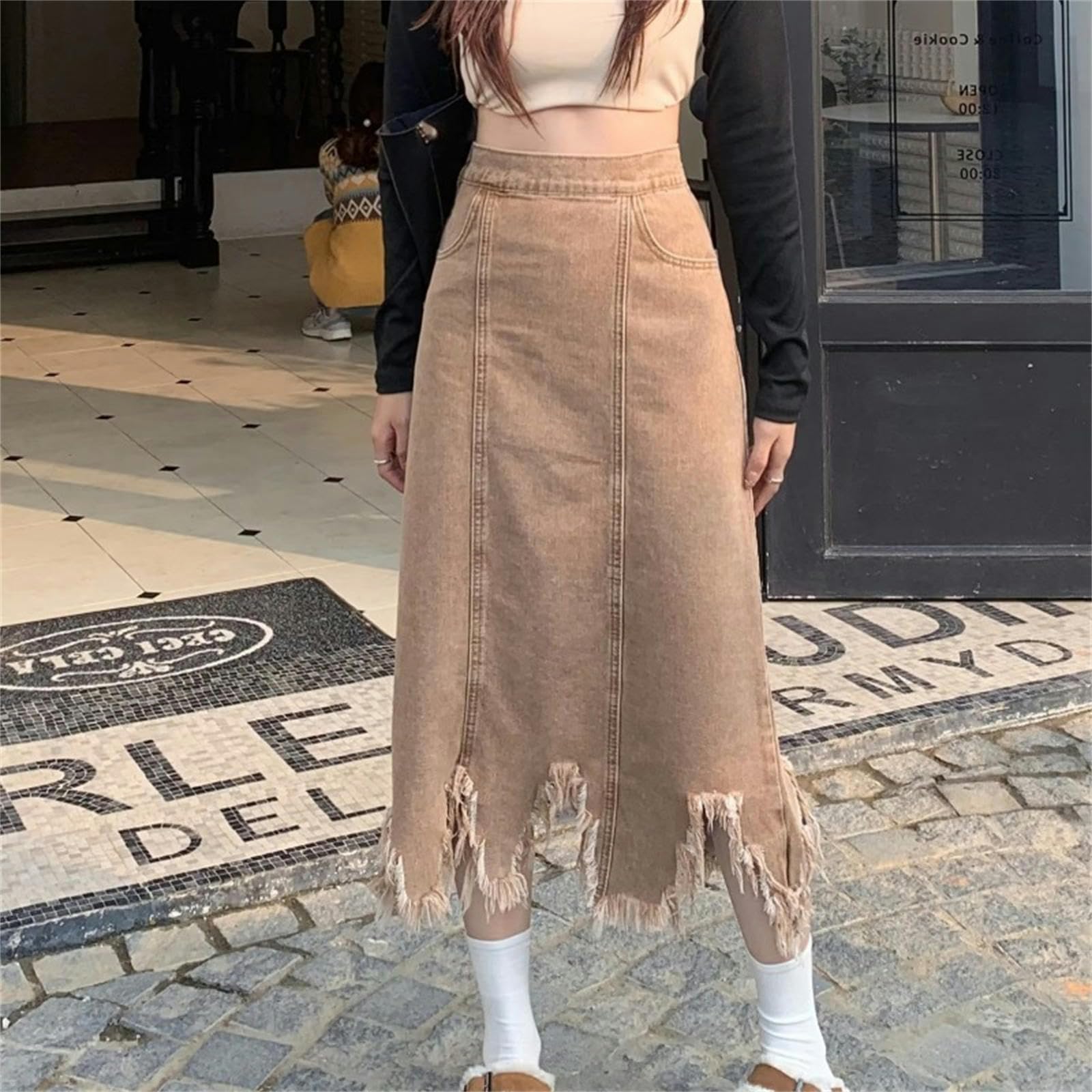 Strickrock Damen Unregelmäßiger Jeansrock, Damen Herbst Outfit, Plus Größe A, Mit Fransen, Mittel Bis Lang, Angesagter Rock-braun-s
