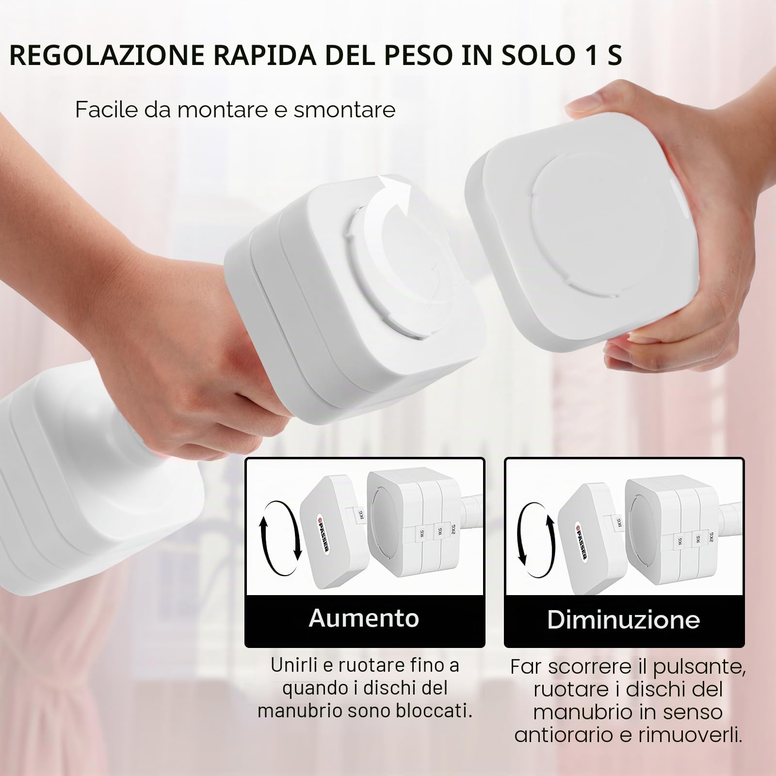 Passer Set di manubri Regolabili 4/8/12/16/20 kg, Manubri con Regolazione Rapida di Peso per Donne e Uomini, Attrezzatura per Palestra casa, Ideali per Allenamento di Forza, Allenamento all'aperto