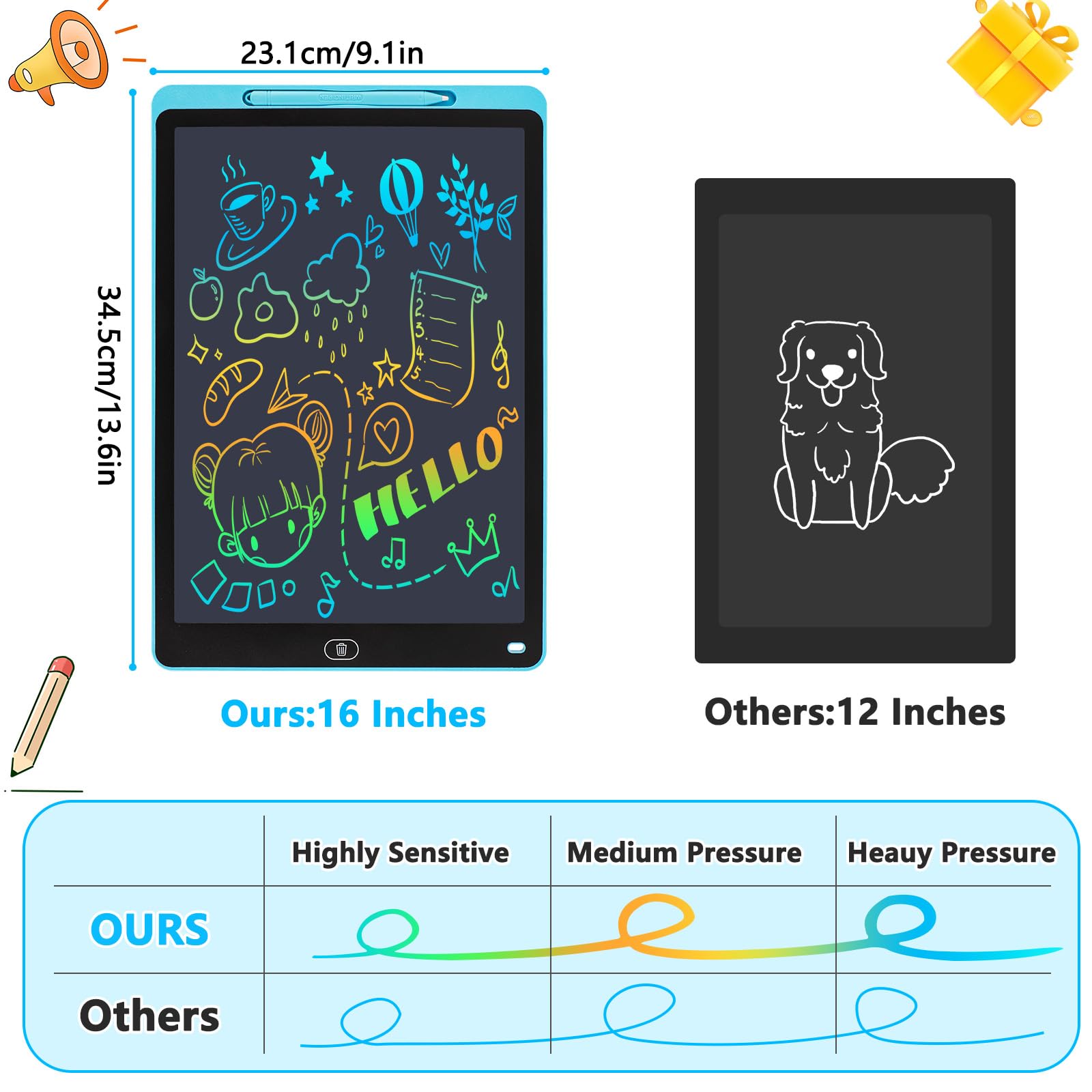 Tablette Dessin Enfant 16 Pouces Ardoise Magique LCD Colorée avec Verrouillage et Effacement Jouet Éducatif Filles Garçons 3-12 ans Bleu