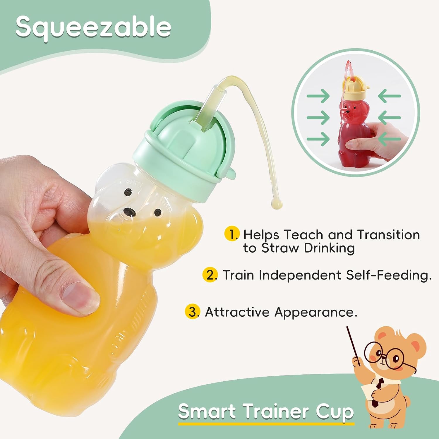 Upgraded 2 Pack Honey Bear Straw Cups for Baby - Flip-Top, Spill-Proof Design with Anti-Pullout & Pop-Up Straw - 8oz Squeezable Sippy Cup for Speech and Feeding Training, BPA-Free (Yellow & Green)