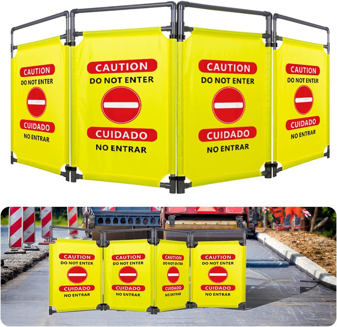 4 Panels Safety Barricade, 7.8FT Removable Foldable Security Gates Barrier with Heavy Duty PVC Frame, English&Spanish Bold Font and Graphics, Traffic Barricade for Indoor and Outdoor Use (Yellow)