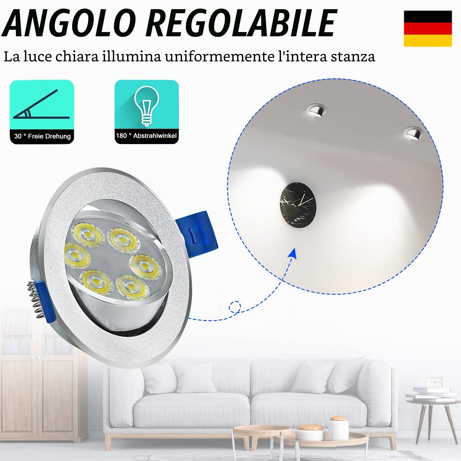 LARS360 Set di 20 faretti LED da soffitto da 3 W, in alluminio, per bagno, cucina, soggiorno e camera, bianco freddo