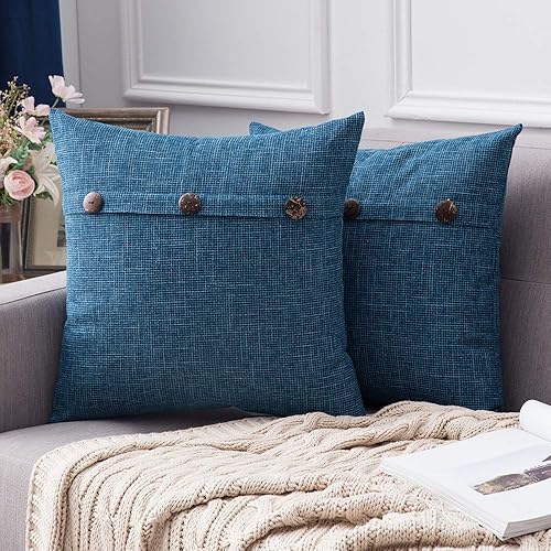 MIULEE Set of 2 Decorative Linen Throw Pillow Covers Cushion Case Triple Button Vintage Farmhouse Pillowcase for Couch Sofa Bed 18 x 18 Inch 45 x 45 cm Navy Blue