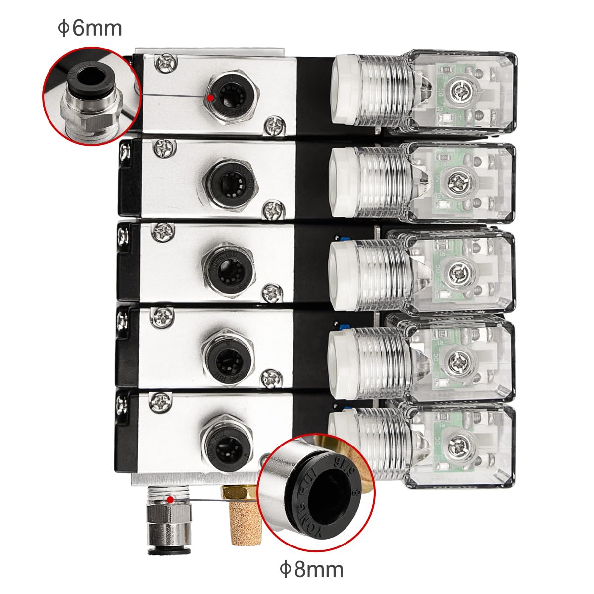 Heschen Válvula solenoide neumática eléctrica 5, 3V210-08, DC24V, PT1/4, 3/2 vías, conjunto de accesorios rápidos de silenciador base colector