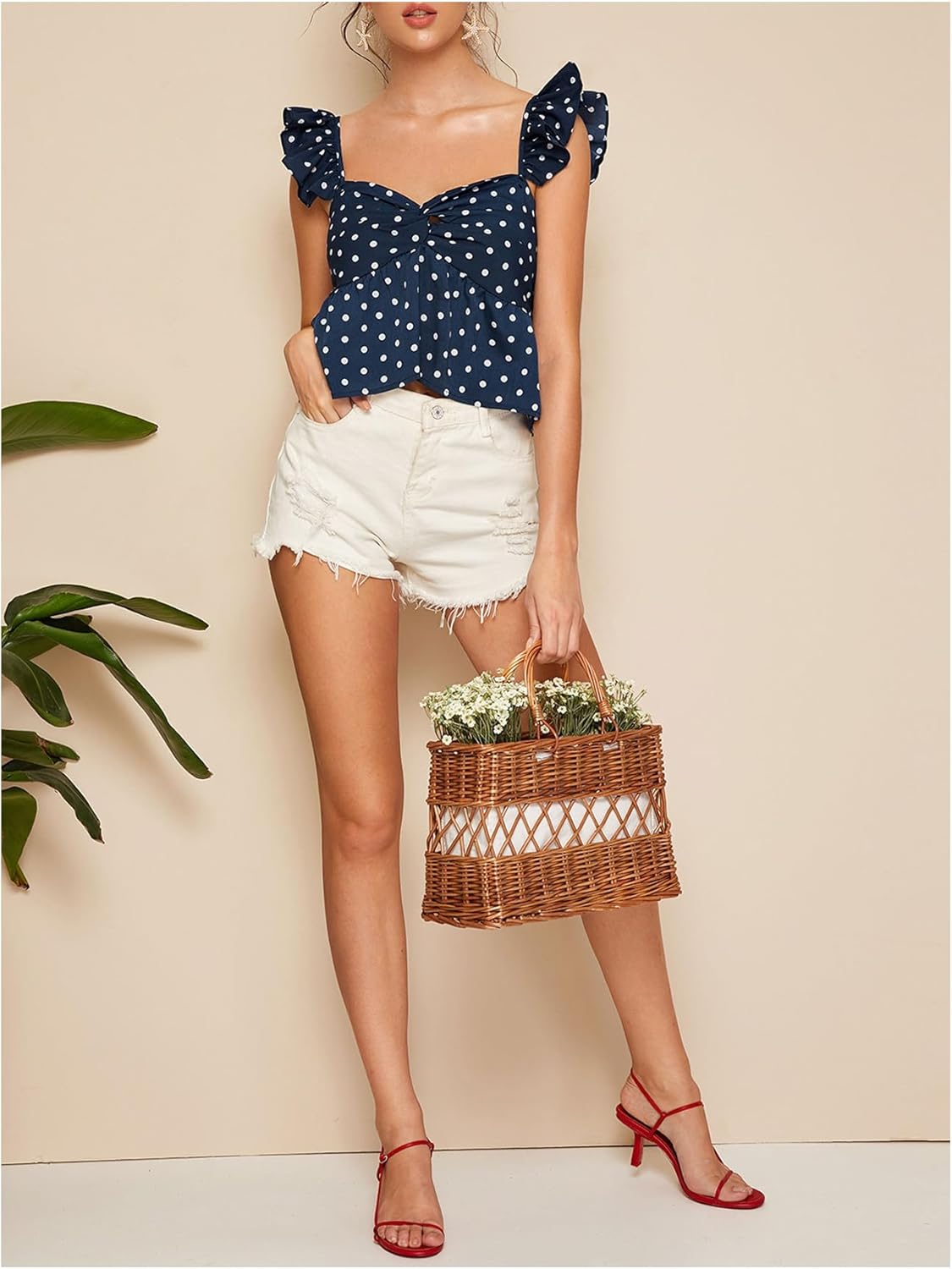 Milumia Women's Polka Dots Twist Front Peplum Top Sweetheart Neck Ruffle Cap Sleeve Cami Tops - Image 5